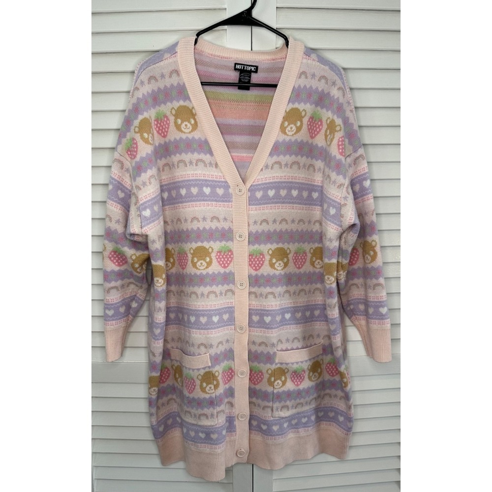 Hot Topic Plus Size 1 14/16 Pastel Strawberry Bear Fair Isle Long Cardigan